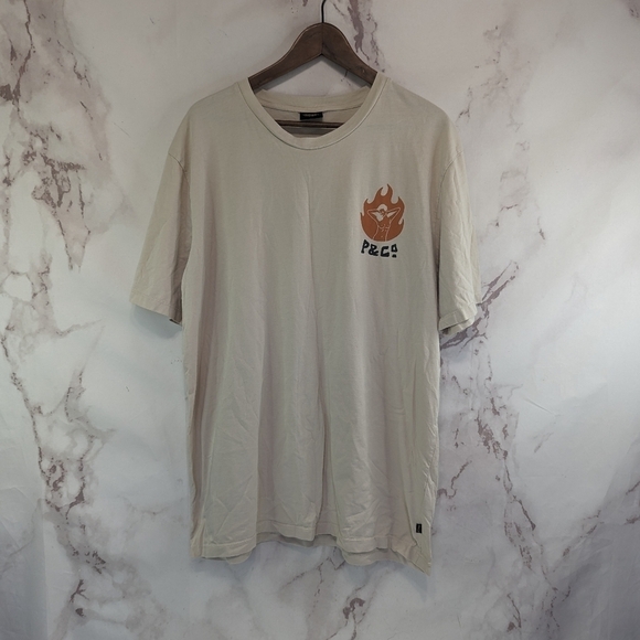 P & Co T Shirt Men XXL 2XL Beige Crew Short Sleeve Dancing Flames Oatmeal - Picture 1 of 12